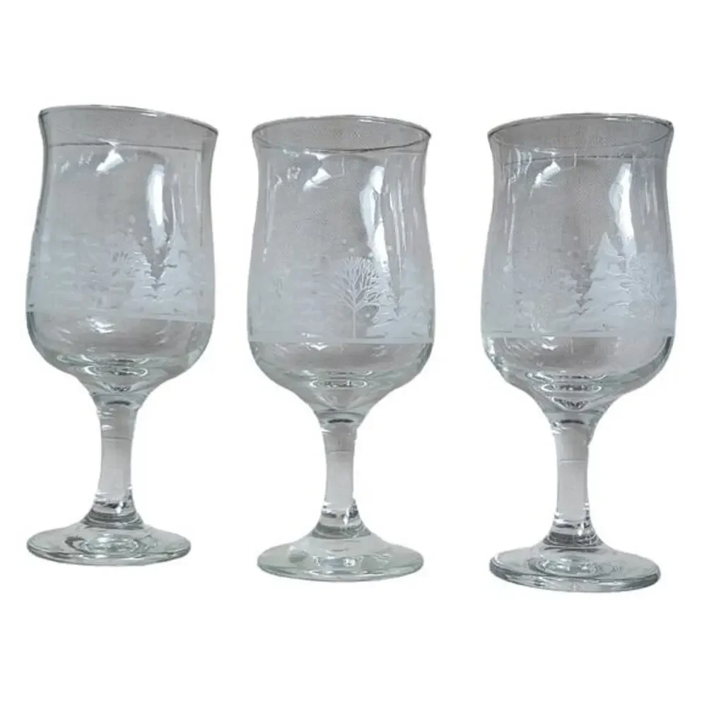 Vintage Christmas Wine Glasses‎ Winter Wonderland Frosted Tulip Hand Blown Set 3